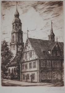 St Mary's Curch and Town Hall etching by Fritz Botel @ 1920