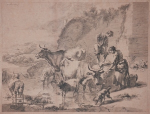 Washerwoman with Child, Cattle, Sheep, and Dog - etching by Nicolaes Pieterszoon Berchem @ 1650
